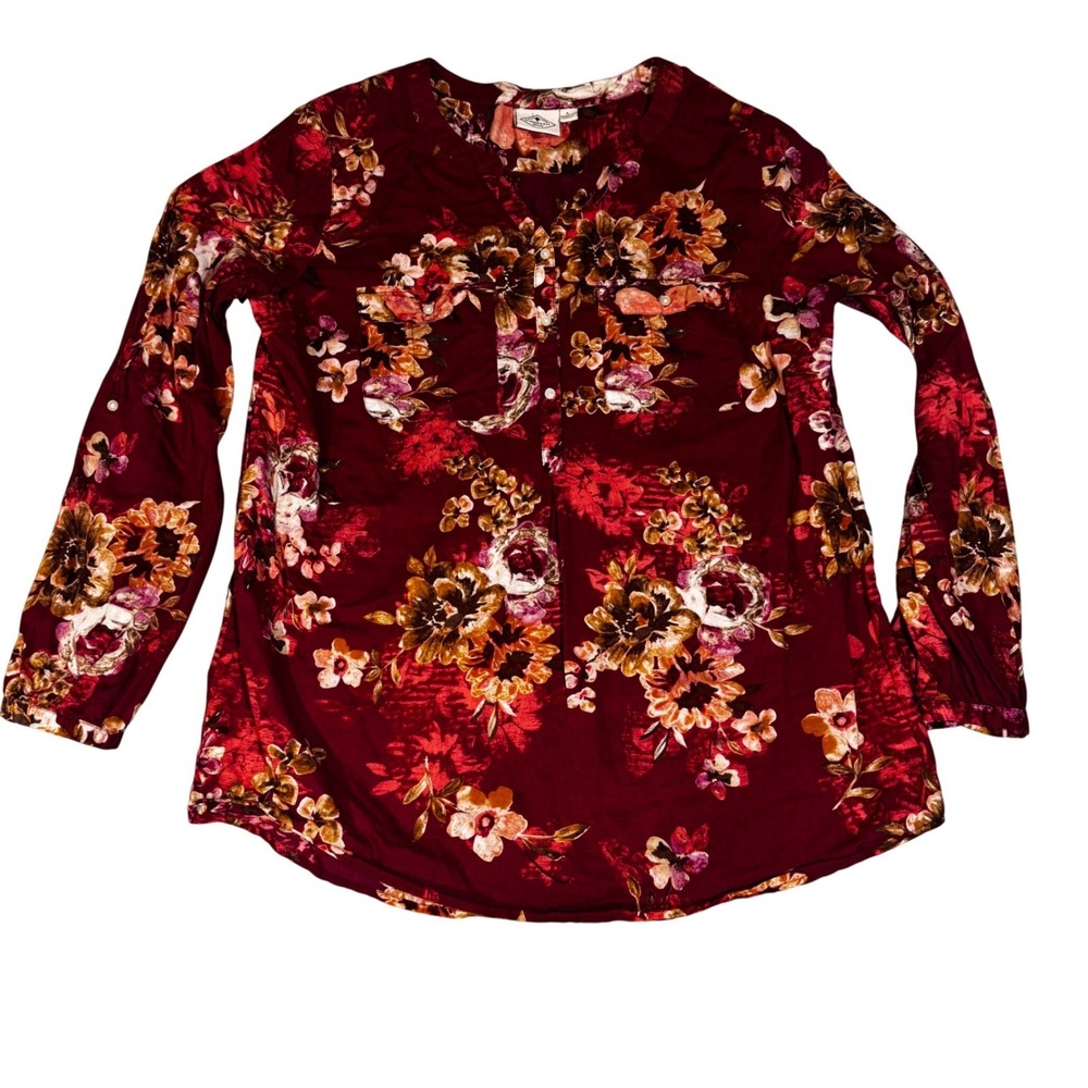 St Johns Bay Womens Red Floral Cotton‎ Tunic Blouse Roll Tab Sleeve Size Large
